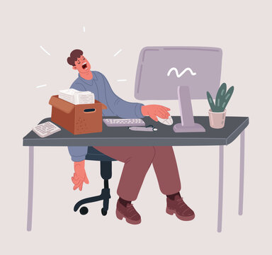 Vector illustration of Sweet dreams in the work station. Sleepy tired freelancer is snoozing at his work place, coffice stuff near on desk top. Overtimed