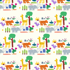 Cute hand drawn animals Seamless pattern. for fabric, print, textile and wallpaper