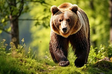 Brown bear moving on the green meadow in springtime nature. - obrazy, fototapety, plakaty