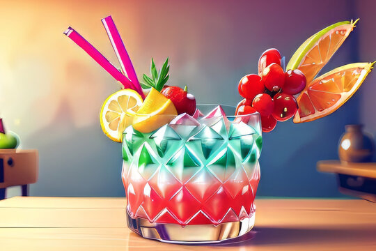Fresh colorful cocktail with fruit on table generated by AI