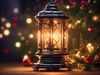 christmas lantern. christmas and new year background - lantern on the background of bokeh garlands. High quality photo - obrazy, fototapety, plakaty