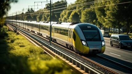 Naklejka premium A public transport train in the city overtaking traffic jam. A concept of great transportation system in a modern developed city. Beautiful and clear weather.