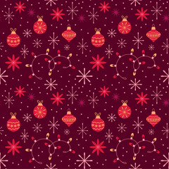 Christmas decorations and snowflakes background, seamless vector pattern, New Year background, wallpaper, print on textile and wrapping paper, decorative elements.