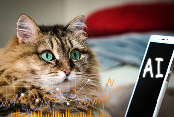 Cute funny cat with mobile phone at home. looking at the camera close-up. Future Artificial Intelligence concept