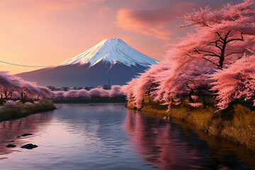 photo cherry blossoms and fuji mountain in spring