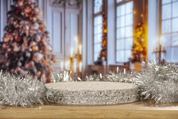 Desk of free space with empty pedestal for your chrimstas products and blurred home interior with window. 