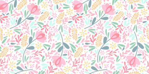 Fototapeta na wymiar Cute ditsy floral vector pattern background for the spring with scattered flowers and leaves, colorful modern wallpaper