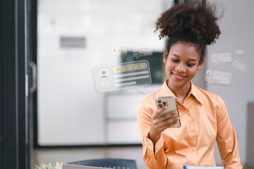 African American customer providing five satisfaction ratings. Customer review satisfaction...