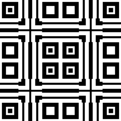 Black repeated stylized squares on white background. Quadrangles wallpaper. Seamless surface pattern design with symmetrical rectangles ornament. Geometric motif. Digital paper for print. Vector art