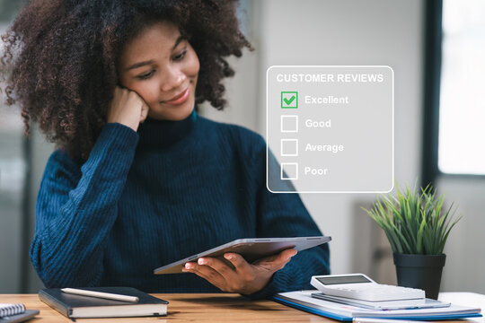 African American customer providing excellent satisfaction ratings. Customer review satisfaction feedback survey concept.
