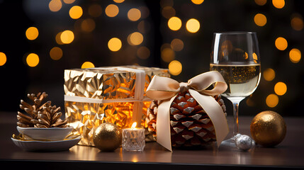 A christmas present with a gold bow and a pine cone on a table with a christmas tree and lights in the background
