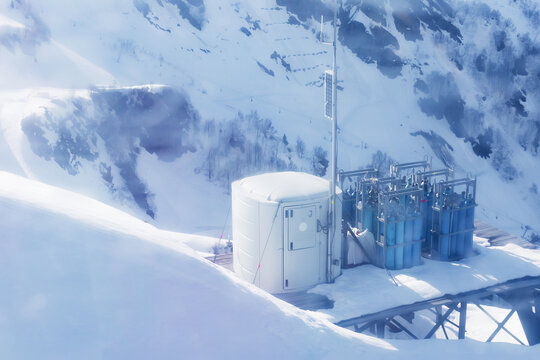 Sochi, Russia - April 17, 2023: GazEx is anti avalanche system. Shelter is control center containing propane and oxygen tanks, valves, electrical and electronic control systems with weather station.