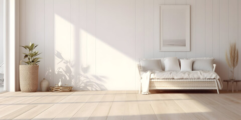 White bedroom on wooden flooring is sitting next to a wicker furniture generative ai