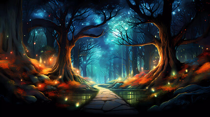 A painting of a road surrounded by trees and lights at night with a bright light coming from the trees