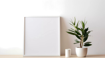 A white frame sitting next to a potted plant on a table next to a white wall with a white background