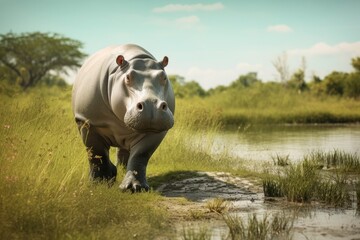 Hippopotamus Walking in a green field.