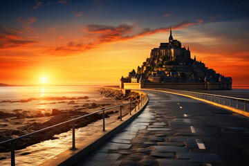 Mont Saint-Michel view in the sunset light. Normandy, northern France - obrazy, fototapety, plakaty