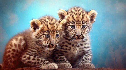 Two baby leopards realistic illustration. Cute  jaguars print for clothing, fabric, stationery, banner, background. Beautiful baby leopards, wild kittens. Cute kittens painting. Generative ai.