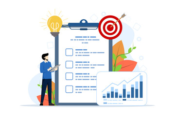 Concept of project planning, cooperation, workflow process with tiny people. business process analysis abstract vector illustration. Vision and scope, increasing productivity, partnership metaphor. - obrazy, fototapety, plakaty