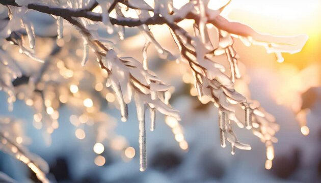 Icy icicles on a tree branch against a golden sunset backdrop.