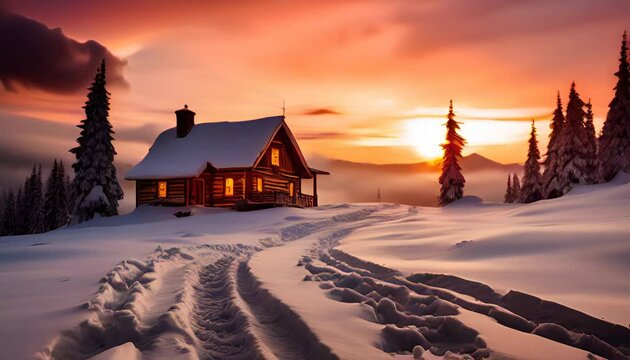 Winter landscape, a cabin in the mountains at sunset amidst snowy trees.