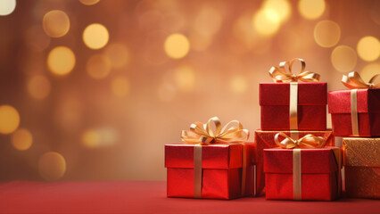 Christmas card with beautifully decorated gifts and bokeh on background. AI generated