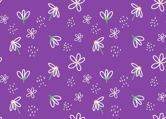seamless pattern with white flowers on purple background 