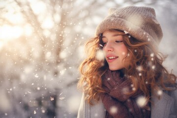 Smiling girl in frosty snowy winter park. Sunny day with flying snowflakes. Joyful beauty young woman having fun. happy teenage girl in the snow - obrazy, fototapety, plakaty