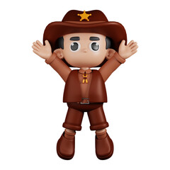 3d Character Sheriff Jumping Celebration Pose. 3d render isolated on transparent backdrop.