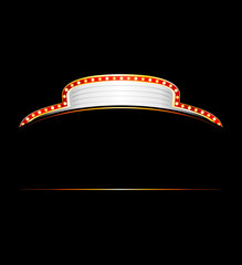 Long retro billboard or blank shining signboard with glowing yellow neon light bulbs isolated on white wall background with shadow 3D rendering