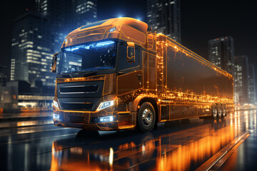 3d rendering of a blue truck in warehouse with reflection on floor. Truck on the background of the night city. Modern truck with a trailer. Transportation and logistics concept. Logistics technology.
