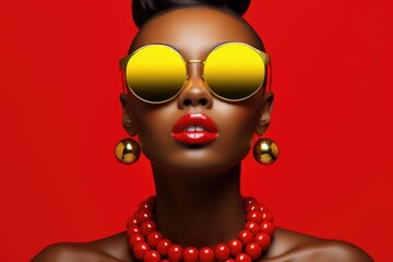 Closeup portrait of a glamorous woman with natural fashion makeup on red background. African female model with brunette curly hair wearing funky sunglasses