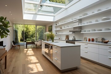 Modern kitchen with white cabinets, skylight, and wooden floors. Generative AI