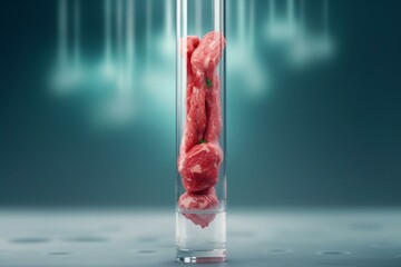 Lab-grown, clean cultured meat in test tube. Vegan, plant-based meat concept produced from animal somatic cells. Generative AI - obrazy, fototapety, plakaty