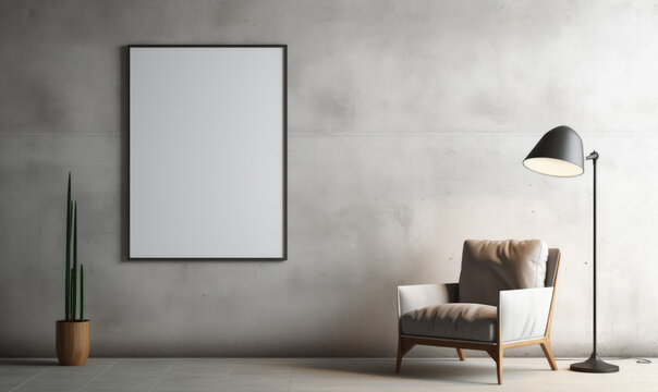Floor lamp and posters over concrete wall 3d rendering.