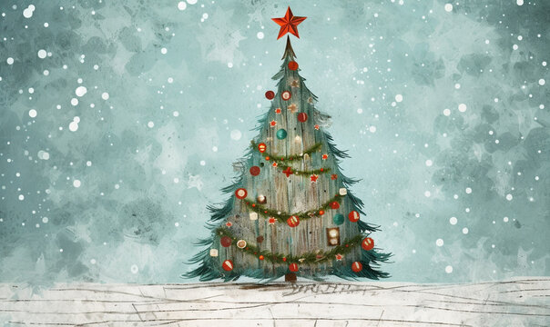 postcard with a cartoon of a cute christmas tree