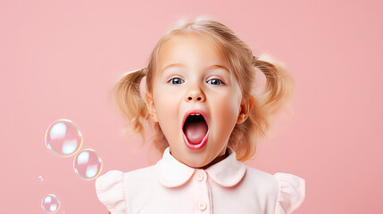 Close-up of a cheerful happy child blowing soap bubbles on a flat color background with copy space. Kindergarten and children activities banner template. - obrazy, fototapety, plakaty