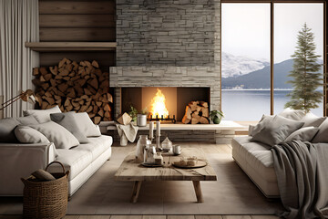 Scandinavian home interior design of modern living room. Large fireplace, cosy seating area. Minimalist.