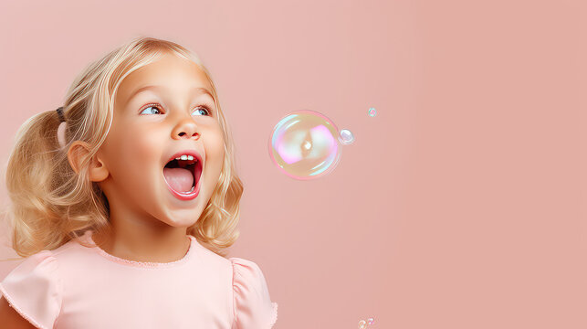 Close-up of a cheerful happy child blowing soap bubbles on a flat color background with copy space. Kindergarten and children activities banner template.