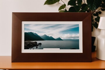 Fototapeta premium Photo frame on the wooden table. Blank wooden photo frame. Mock up. Generative AI