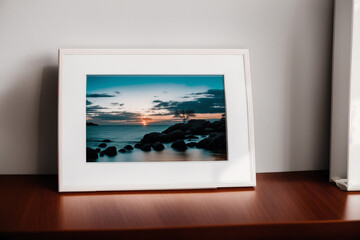 Fototapeta premium Photo frame on the wooden table. Blank wooden photo frame. Mock up. Generative AI
