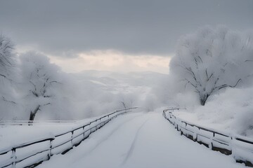 A road covered in white snow, a white world, Generative Ai