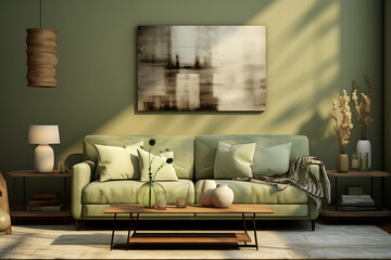 Scandinavian home interior design of modern living room.  Cosy green seating area with large picture frame, perfect minimalist mock up.