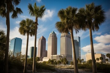 Cityscape of Tampa, Florida with skyline, palm trees and reflection. Generative AI