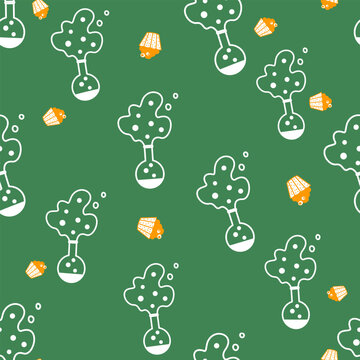 Green template with laboratory flask, bubbles and maffins in naive style.