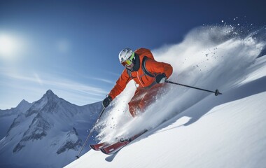 Skier Skiing On Mountain Slope. AI Generated - obrazy, fototapety, plakaty