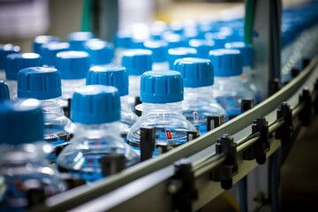 Production line: screwing caps onto plastic bottles. Generative AI