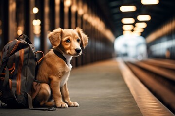 Adorable pup wearing backpack at train station with train in the background. Generative AI - obrazy, fototapety, plakaty