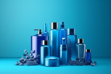Illustration of blue products on a blue background, suitable for cosmetic or product banners. Generative AI