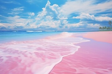 Tropical pink sandy beach and clear turquoise ocean water and sky